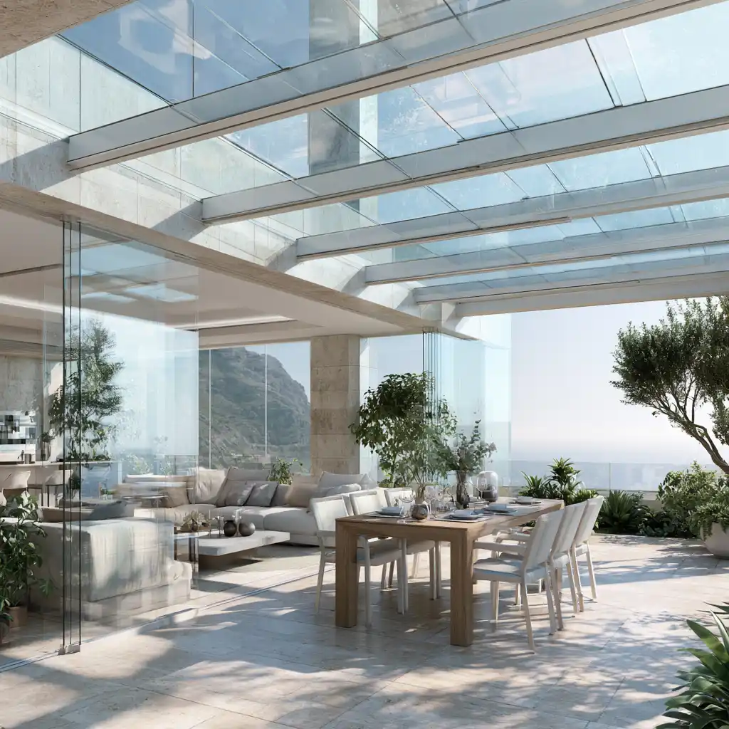 Patio interior techado con cubierta translúcida en una vivienda de Alava
